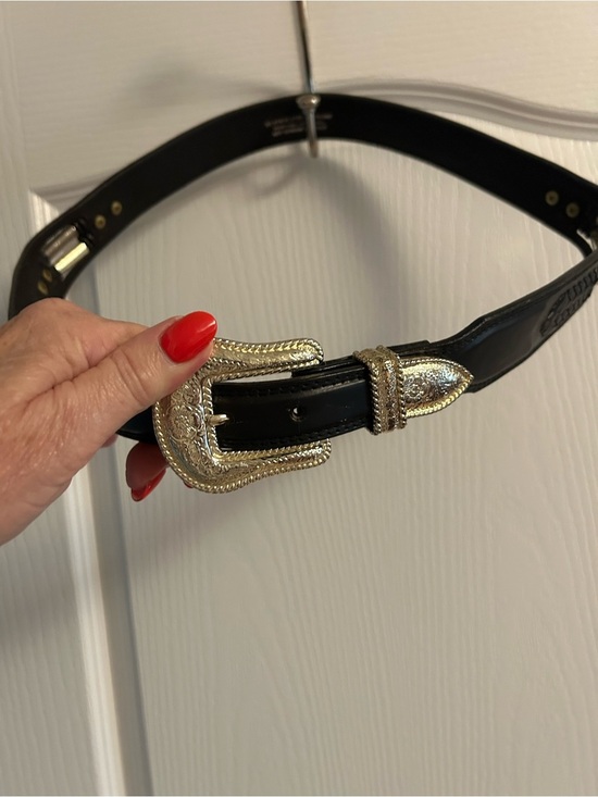 Black Leather Western Belt with Decorative Silver Buckle